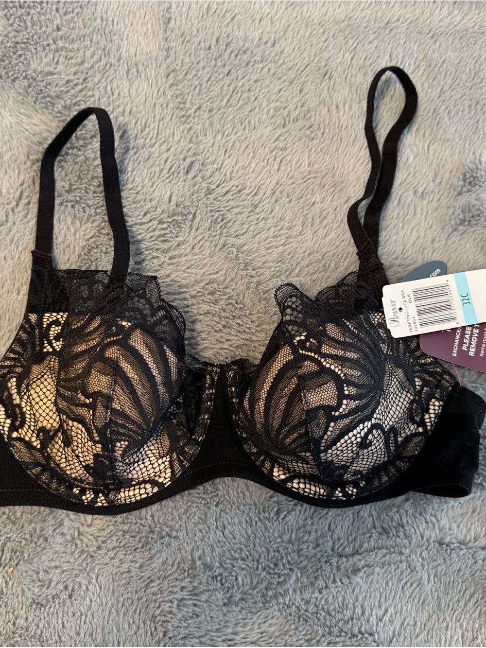 Paramour Black Lace Underwire Bra with Sheer Floral Overlay